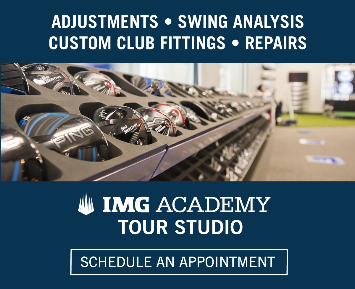 Custom club fittings, swing analysis, adjustments, and repairs. Schedule an appointment at the IMG Academy Tour Studio