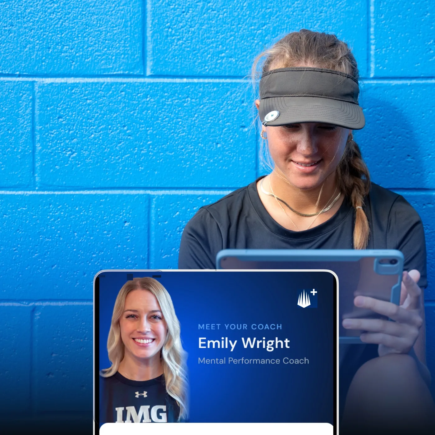 Athlete on a video call with her IMG Academy coach against a gym wall