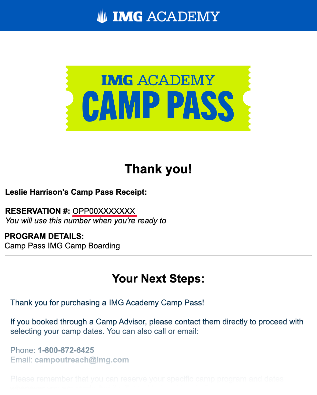 Sample Camp Pass confirmation email showing the reservation number