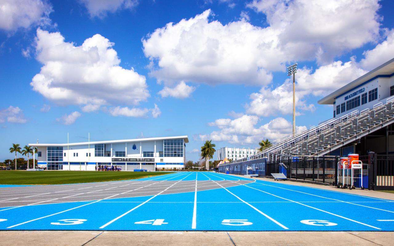 Panoramic view of the starting line of the outdoor track at IMG Academy